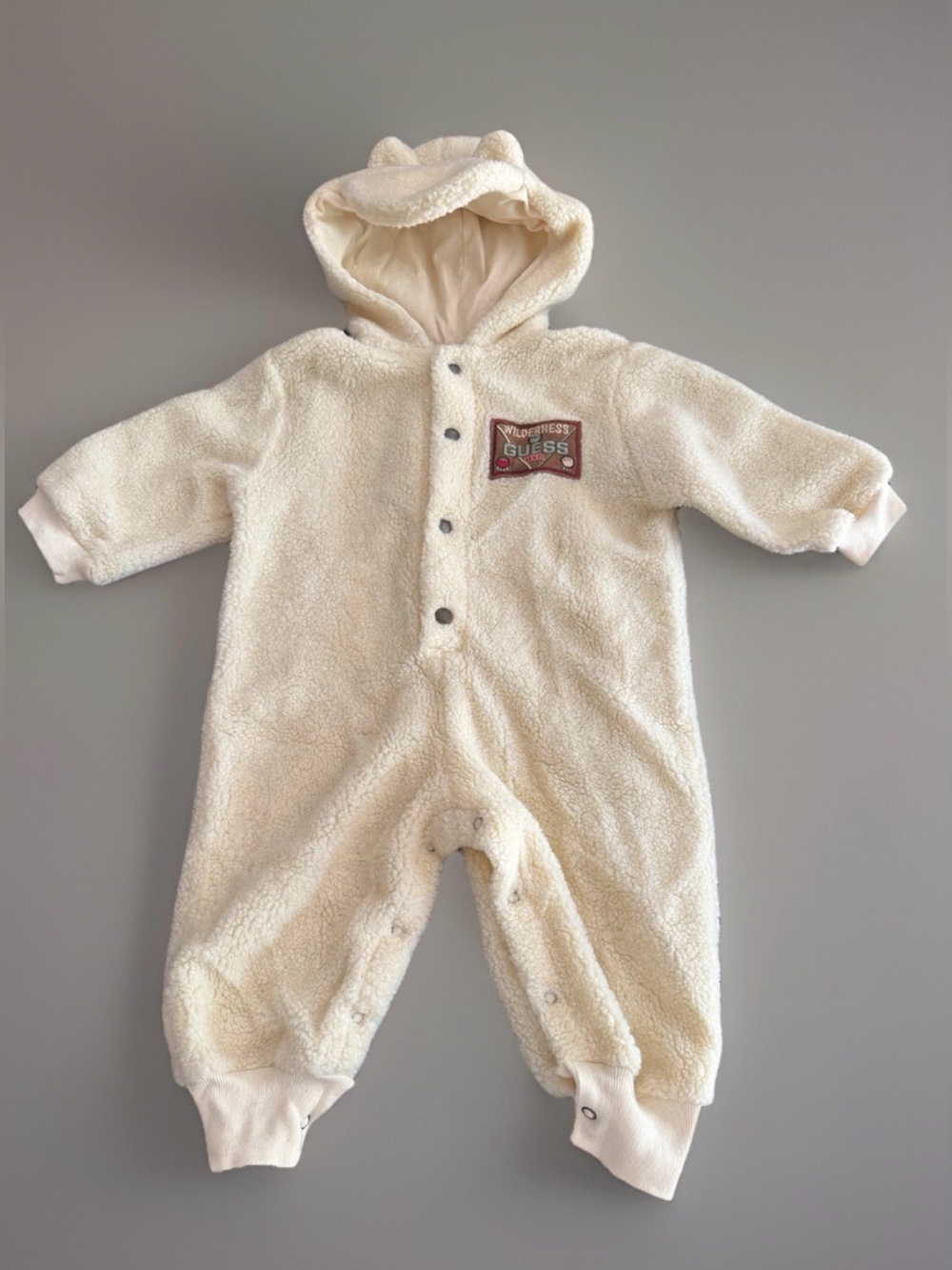 Vintage Baby Guess Wilderness Sherpa Bear Ear Bunting Romper Unisex 6 - 12M